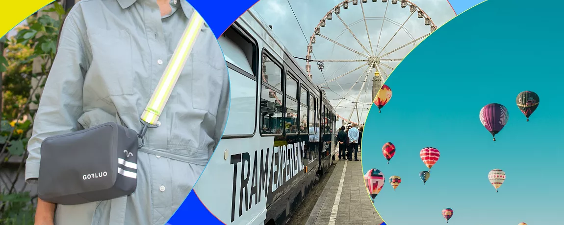 Reflecterende GOFLUO-handtas, gastronomische tram van de Tram Experience en luchtballonnen ter referentie van de beschikbare ervaring in de te winnen Bongo